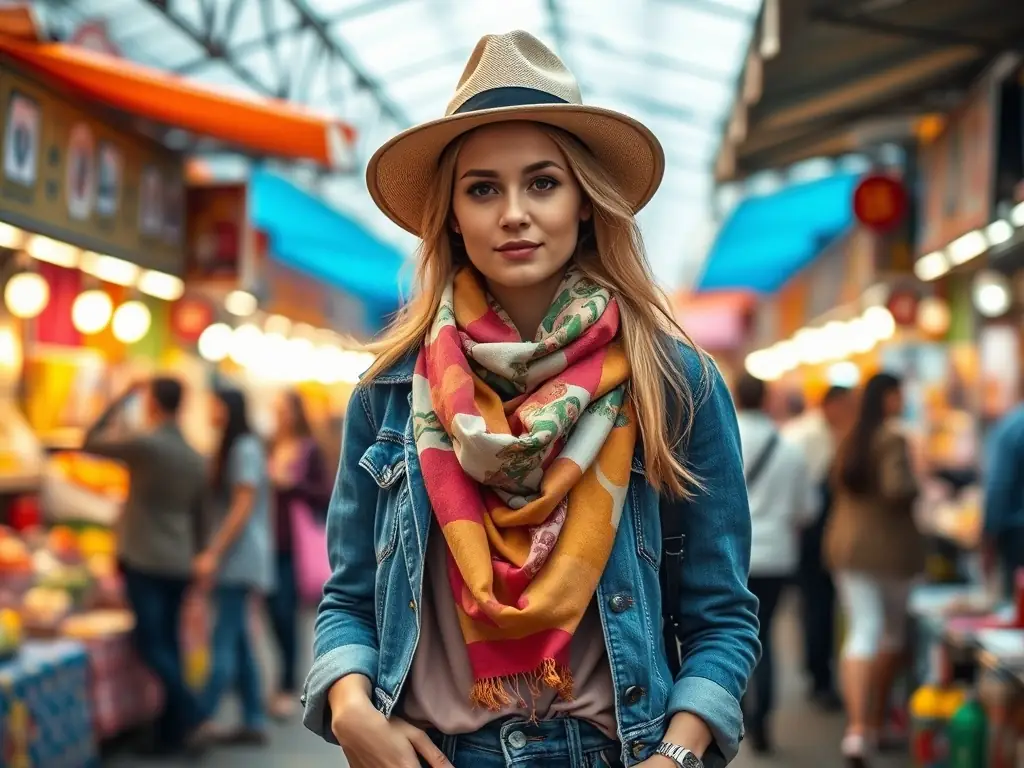 A woman in a layered outfit at a vibrant street market.
