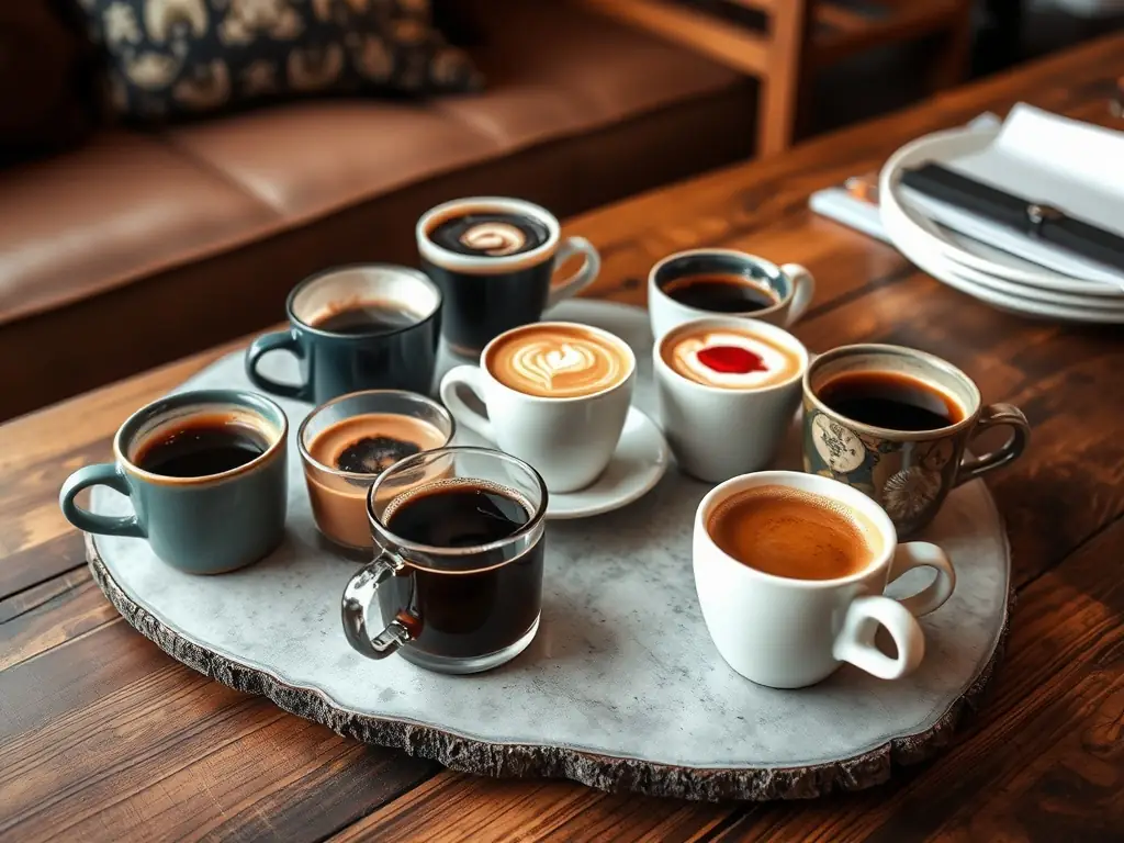 An assortment of artisanal coffees arranged on a rustic wooden table in a cozy lounge.