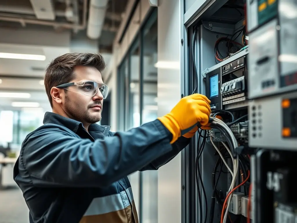 An electrician installing a high-tech electrical panel in a commercial building.