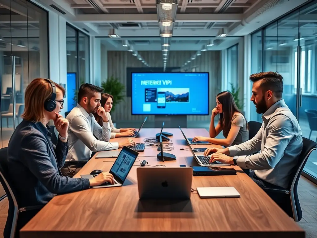 A business team using high-speed internet and VoIP solutions in a modern office.