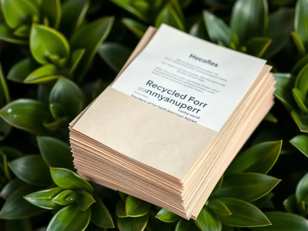 Recycled printing paper with a natural texture on a green plant background.