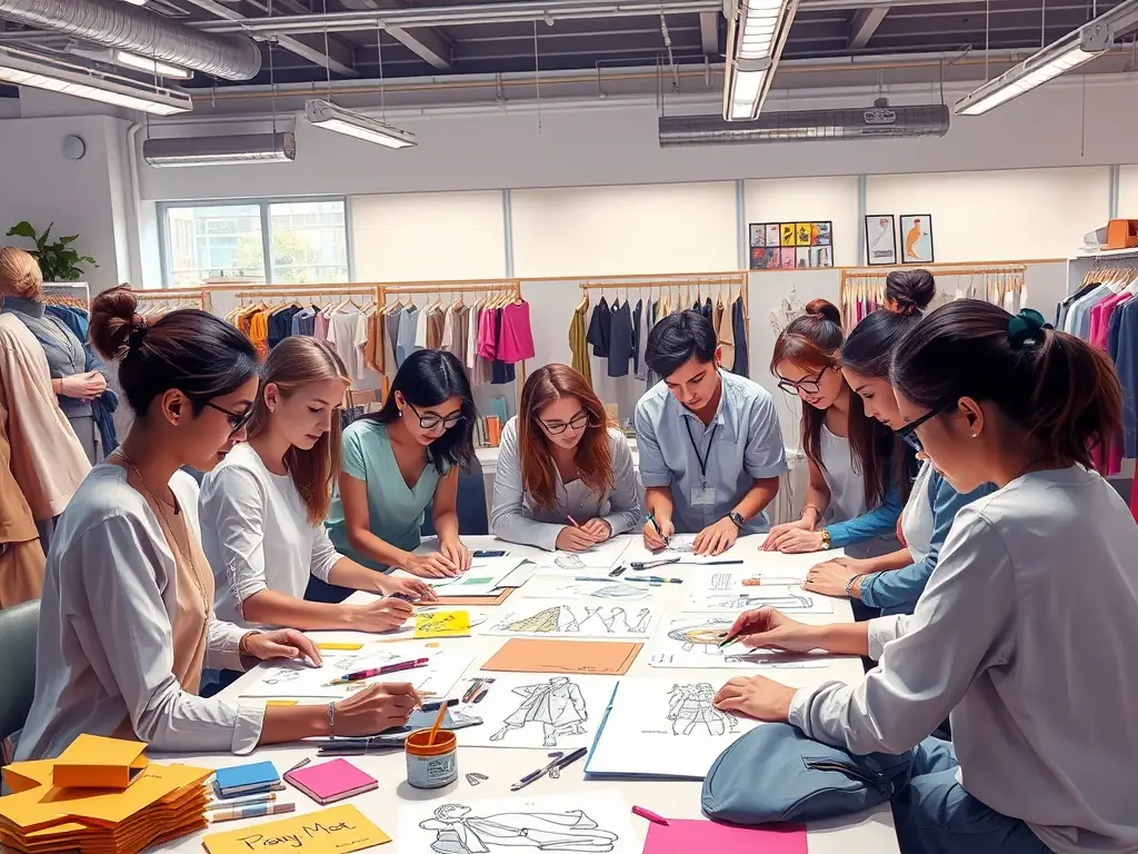 Young designers collaborating on fashion sketches during a workshop.