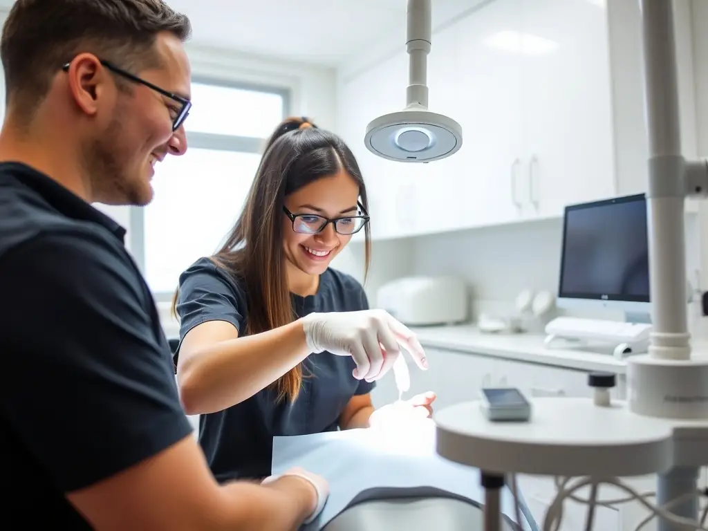 An instructor mentoring a student in a dental lab.
