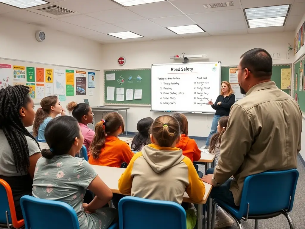 Students attending a driving theory class with an instructor explaining road safety rules.