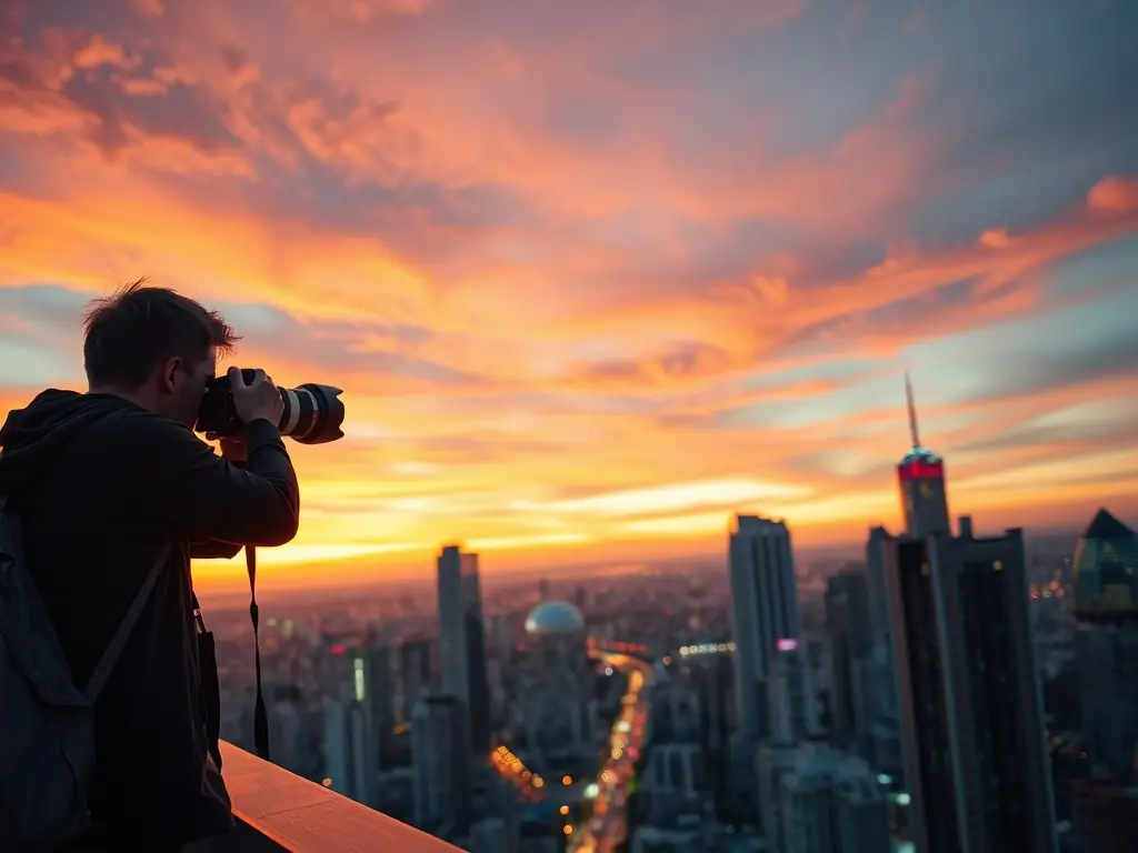 Photographer capturing a cityscape at sunset.
