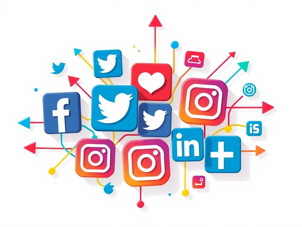 An illustration of interconnected social media icons representing digital marketing.