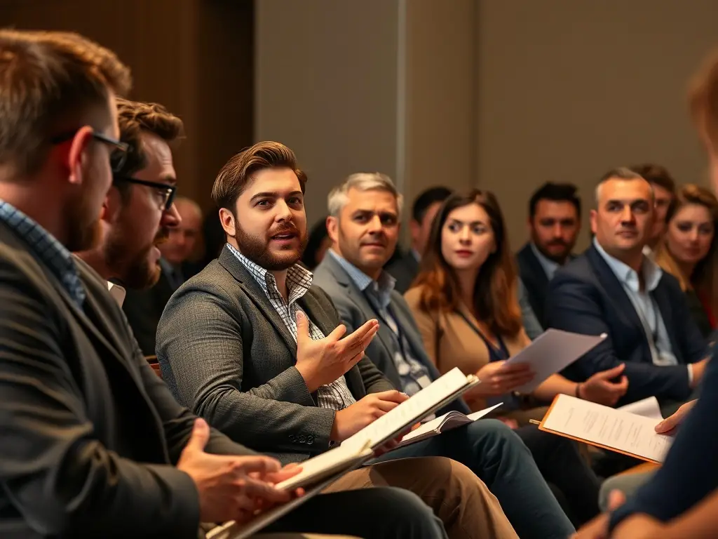 A panel of cryptocurrency experts discussing investment strategies with an audience.