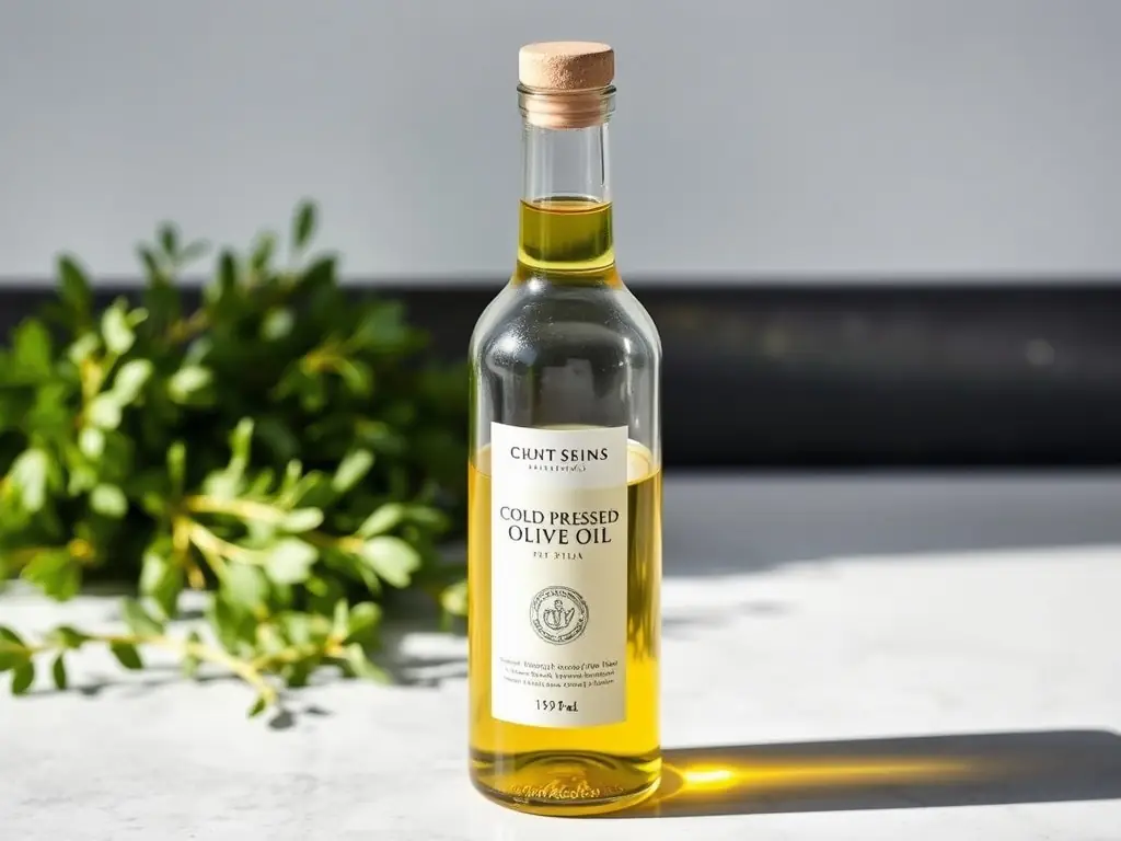 Bottle of Cold Pressed Olive Oil with a clear glass body and fresh herbs.