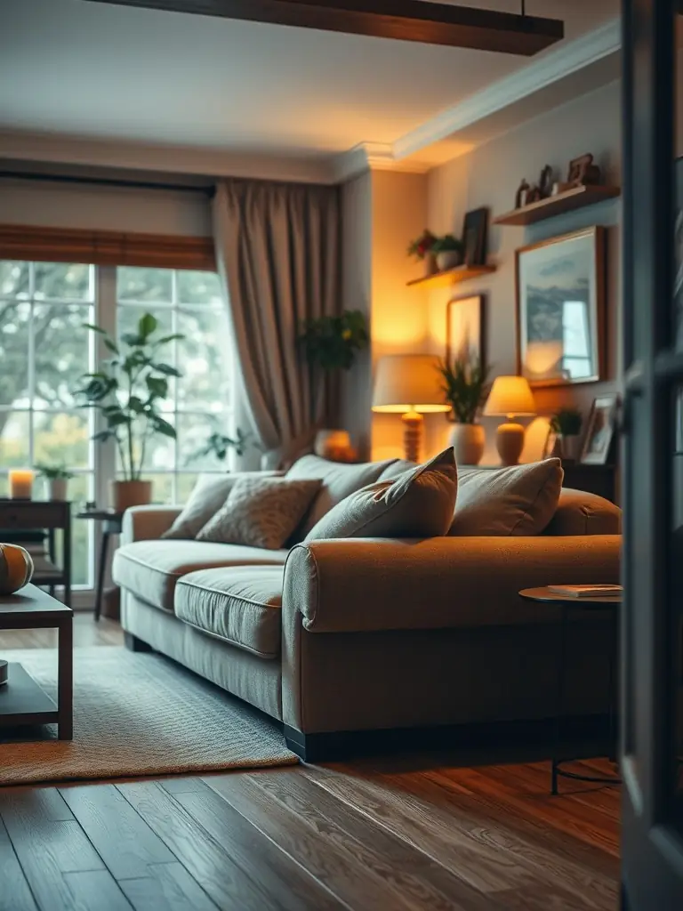 A cozy home interior with warm lighting and tasteful decor elements.