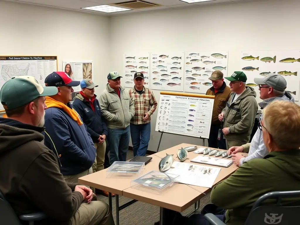 A diverse group of anglers discussing fish species in a classroom.