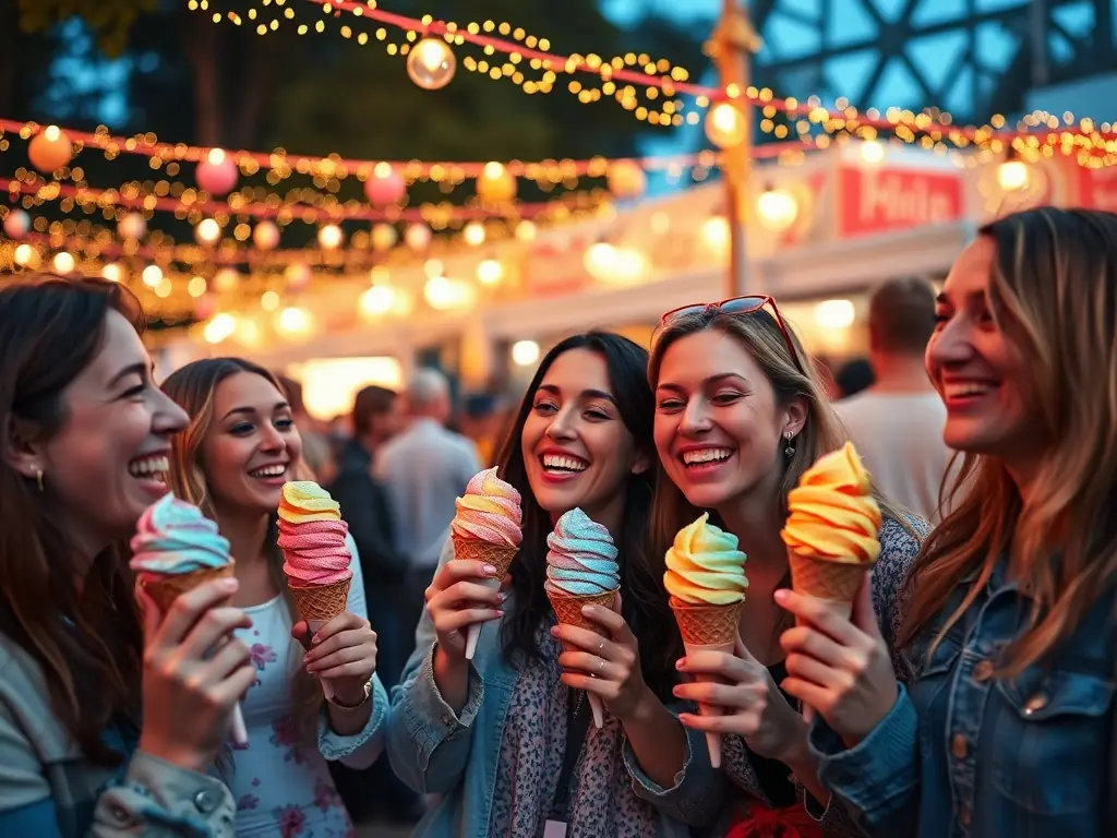 Friends celebrating with colorful gelato cones at a festive outdoor event.