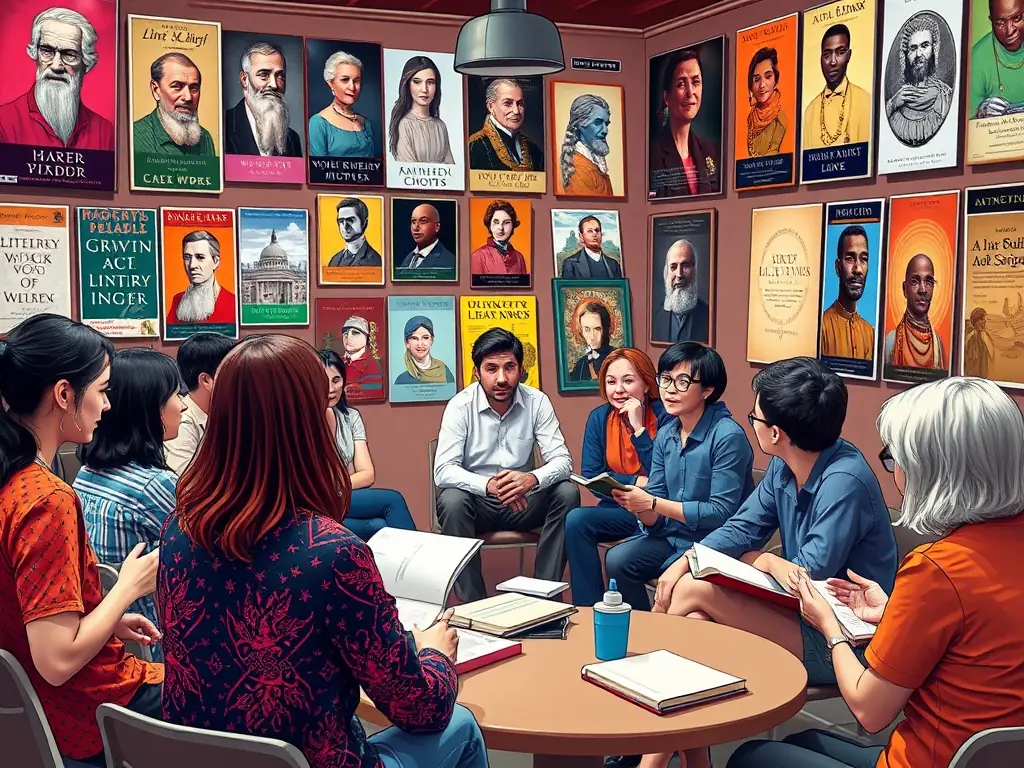 Participants engaged in a lively group discussion about literature in a workshop setting.