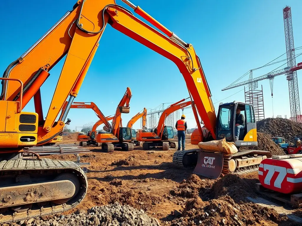 A team of excavators operating heavy machinery on a construction site.