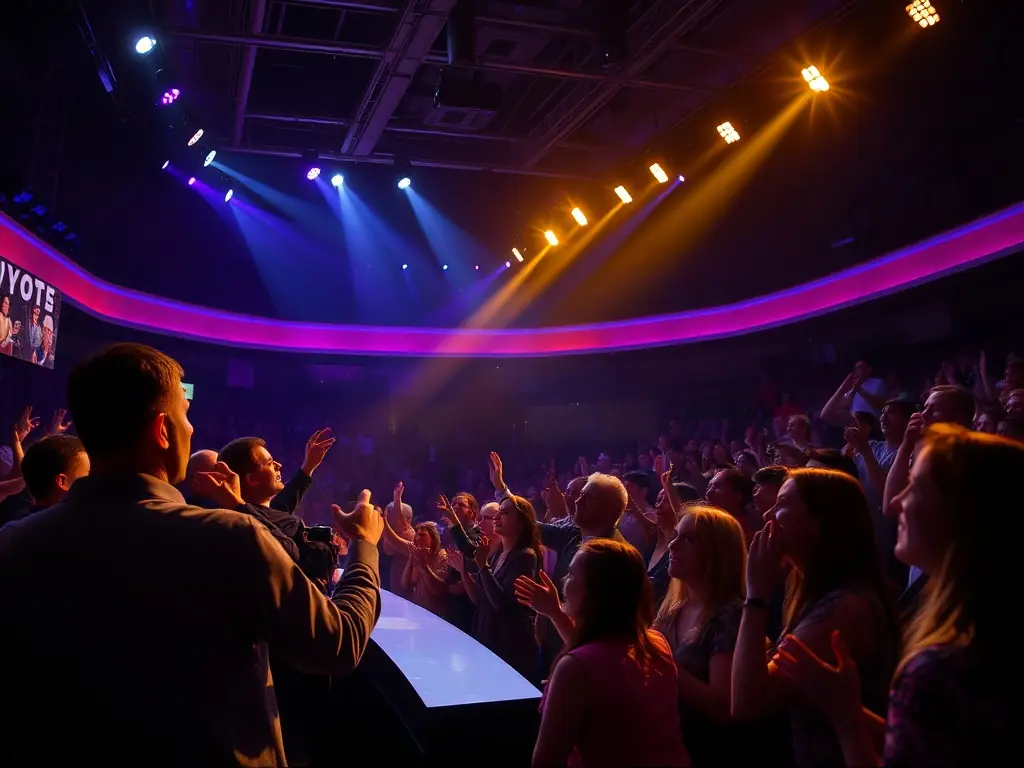 A thrilling game show event with a cheering audience in a dimly lit environment.