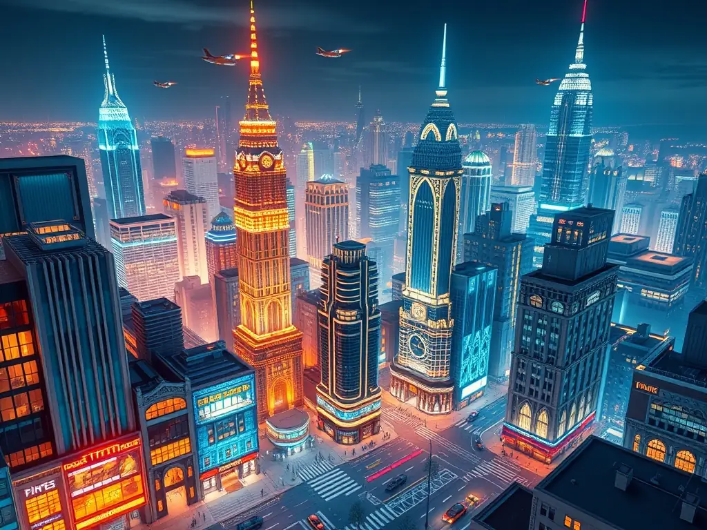 3D visualization of a vibrant cityscape at night.