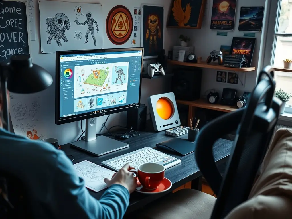 An engaging image of a game development workspace with a computer, sketches, and game assets.