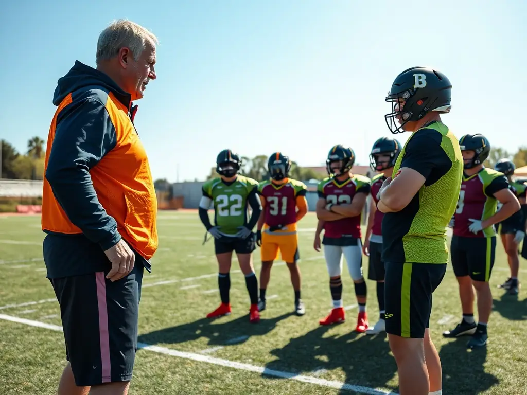A coach demonstrating advanced football techniques to players during training.