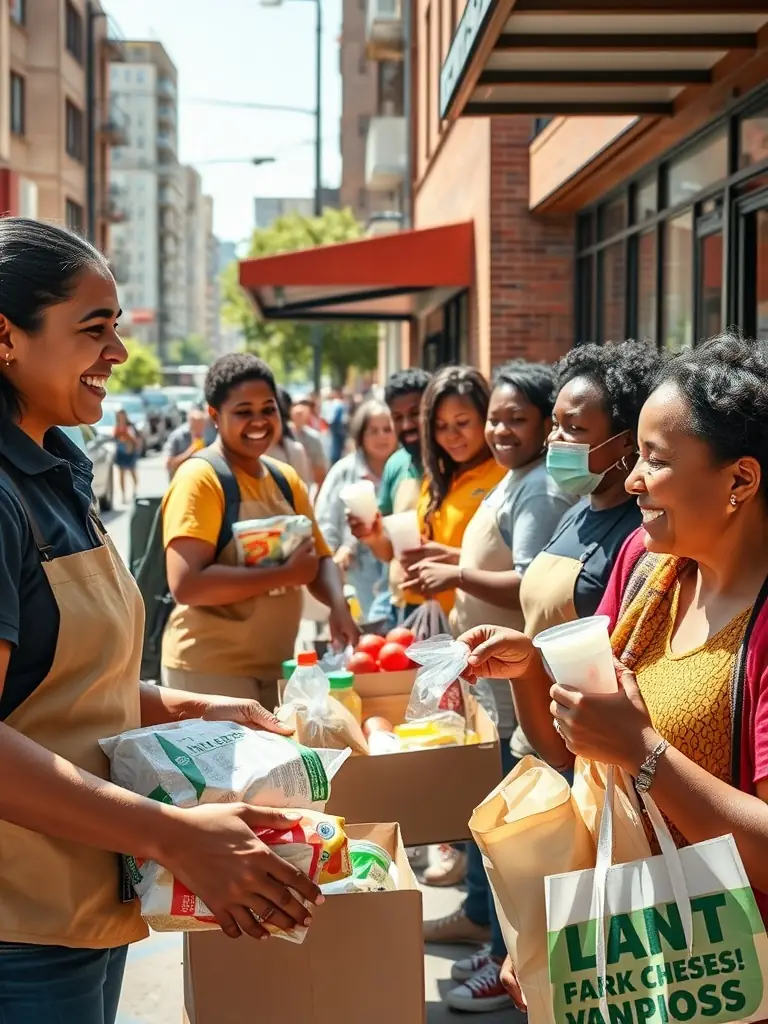 Volunteers distributing food and essentials to grateful recipients at a community center.
