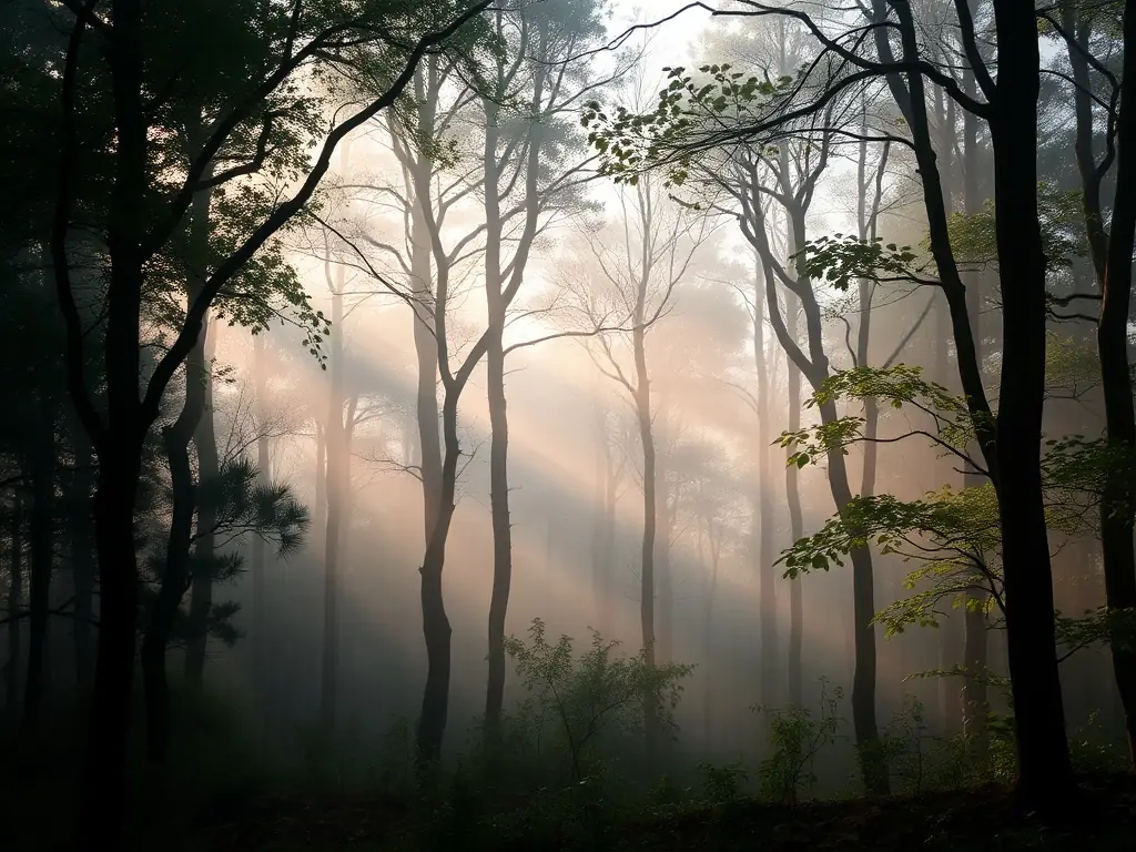 A misty morning in a dense forest.