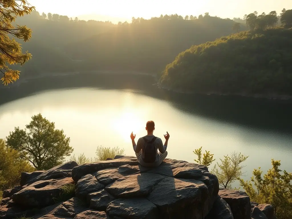 A person meditating by a calm lake surrounded by greenery.