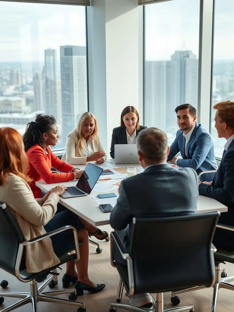 A professional business meeting with diverse individuals discussing strategies.