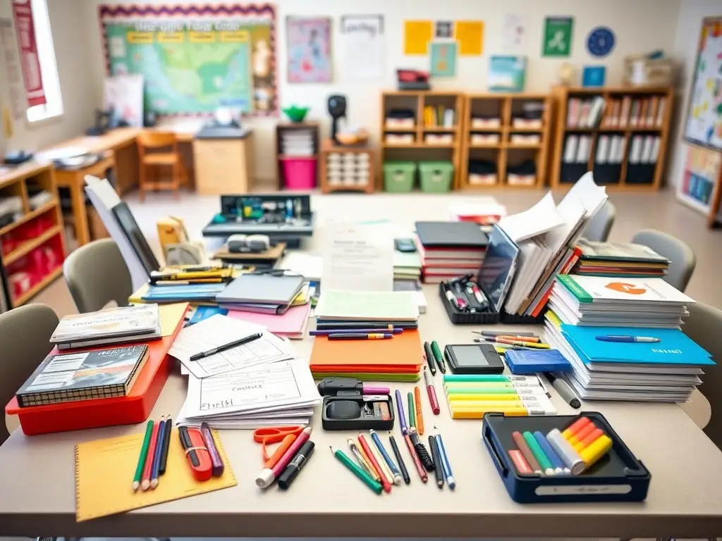 A table displaying various project materials in a bright classroom.