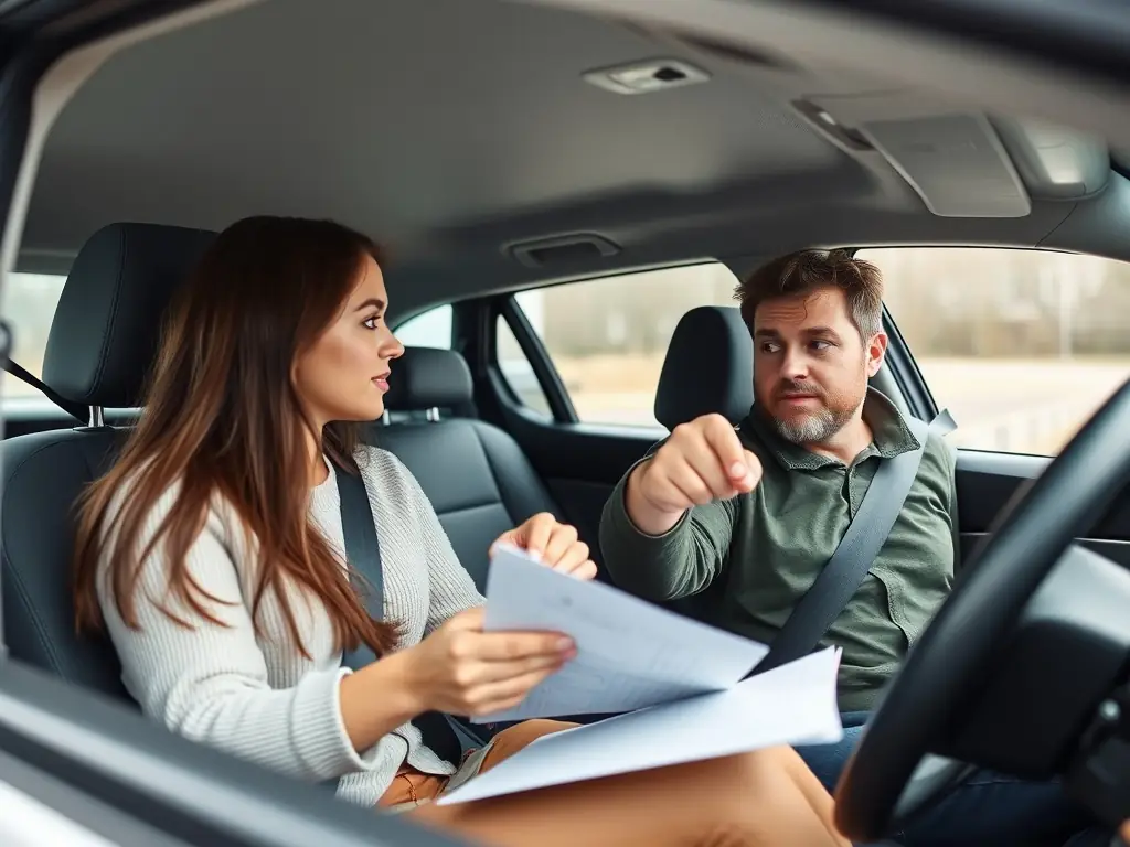 An instructor and student discussing lesson plans inside a car.