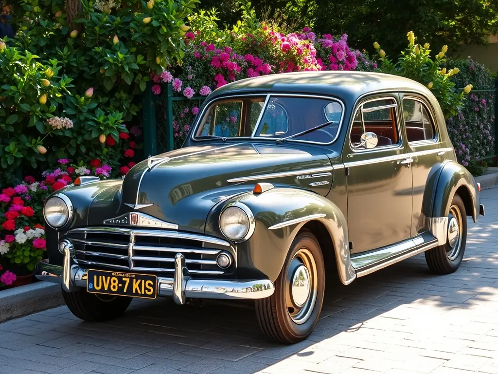 A classic car in a vibrant outdoor setting.
