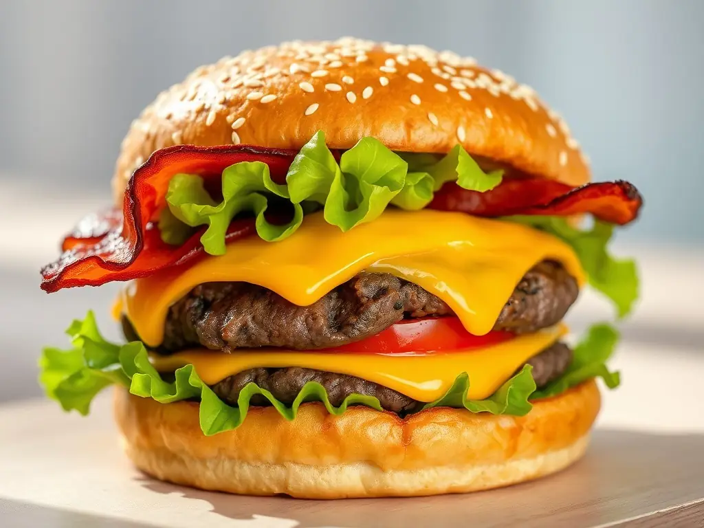 A juicy beef burger with cheddar cheese, bacon, and fresh vegetables.
