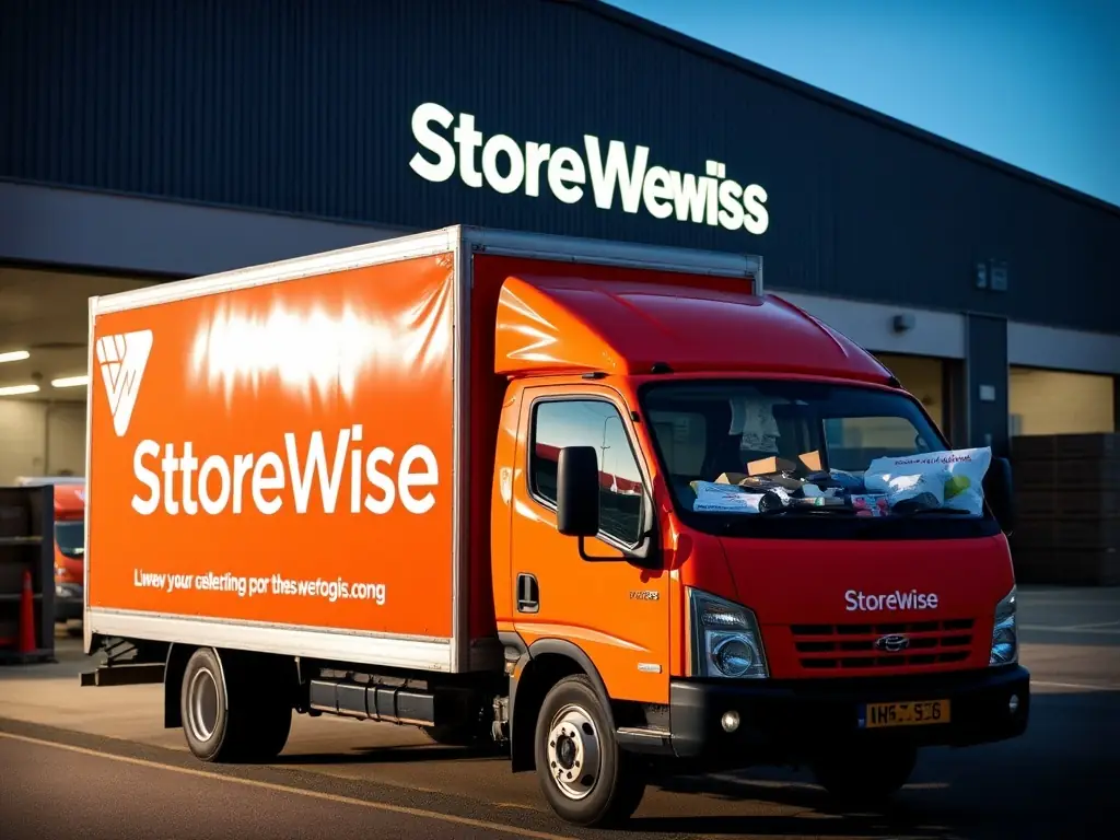A StoreWise delivery truck loaded with goods, parked in front of a warehouse.