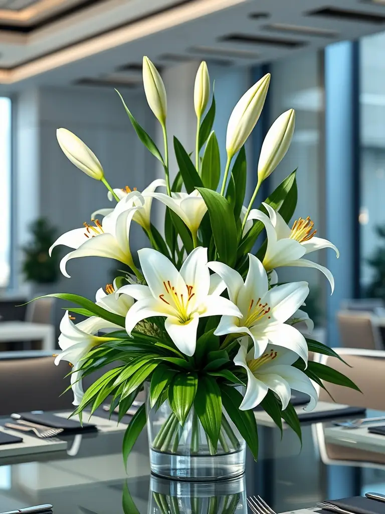 An elegant corporate event centerpiece with white lilies and greenery.
