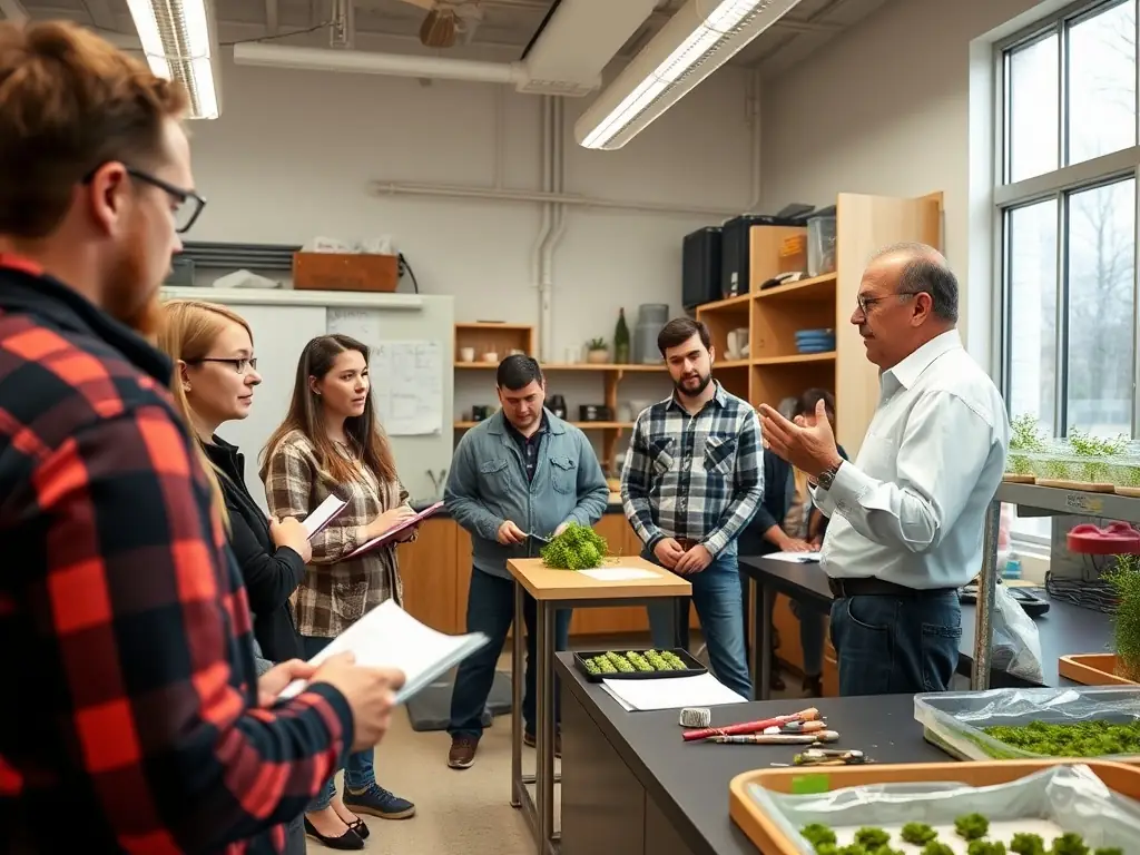 An instructor demonstrating crop rotation techniques in an agricultural lab.