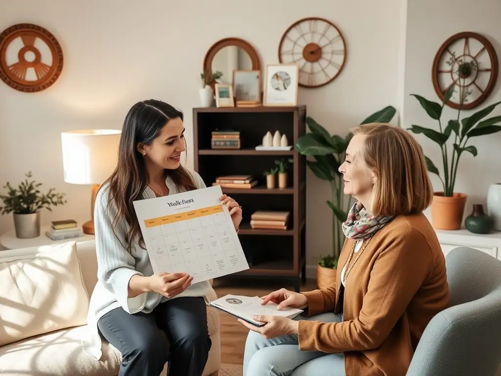 A wellness consultant conducting a holistic health assessment with a client in a cozy office.