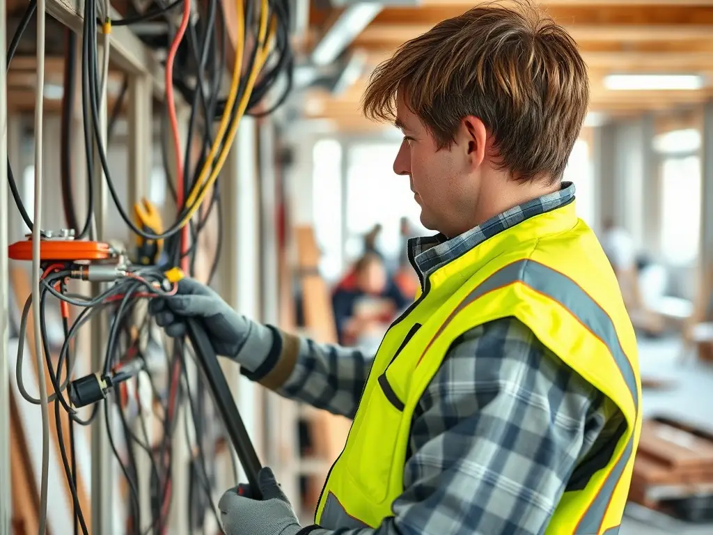 An electrician installing complex wiring in a bustling construction site.