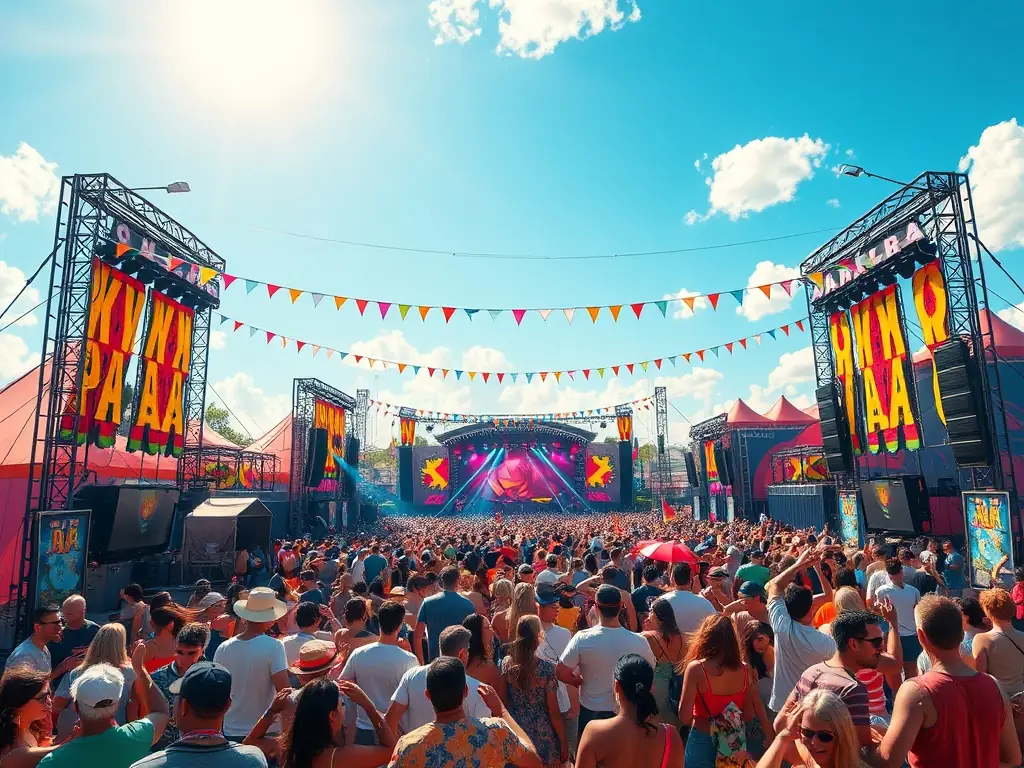 Lively summer music festival with multiple stages and a large crowd.