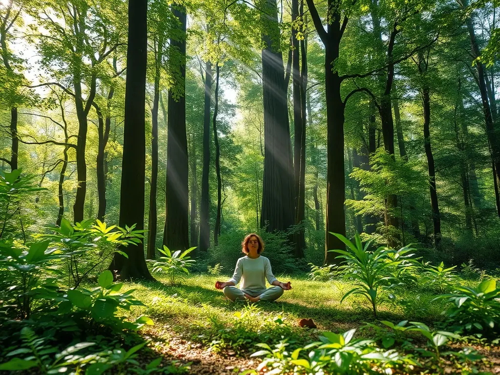 A person meditating in a lush green forest.