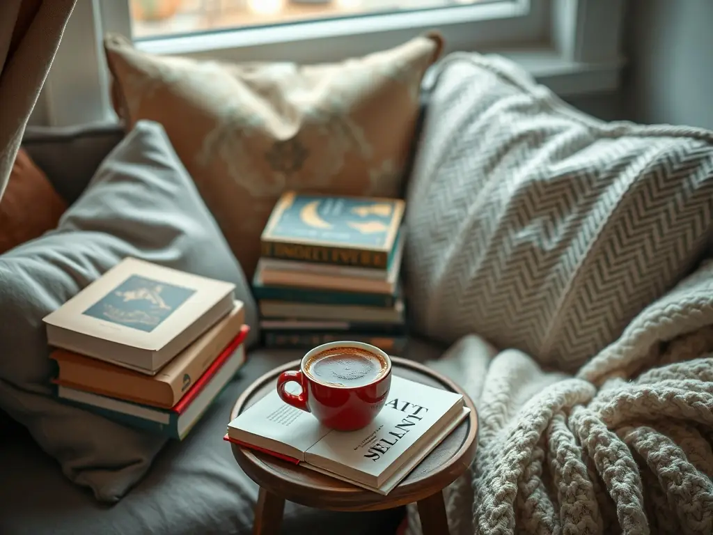 A cozy reading nook with a stack of books and a steaming cup of coffee.