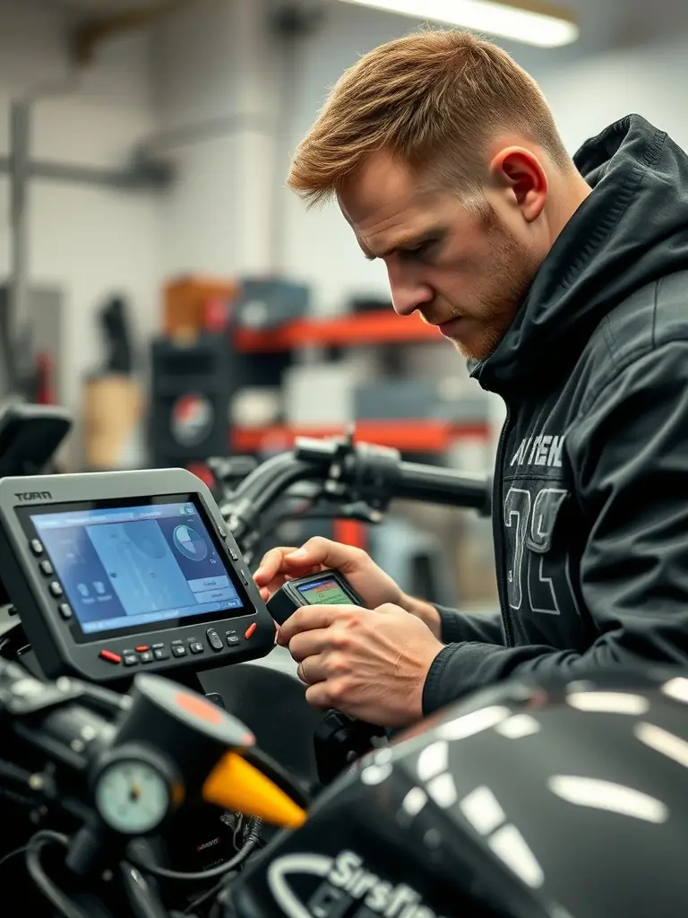 A mechanic using advanced diagnostic tools on a motorcycle in a bright workshop.
