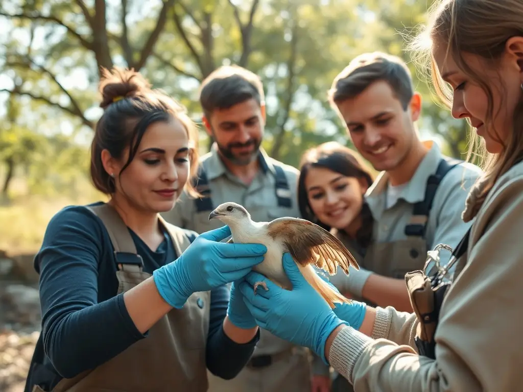 Wildlife rescuers carefully handling an injured bird in a natural setting.