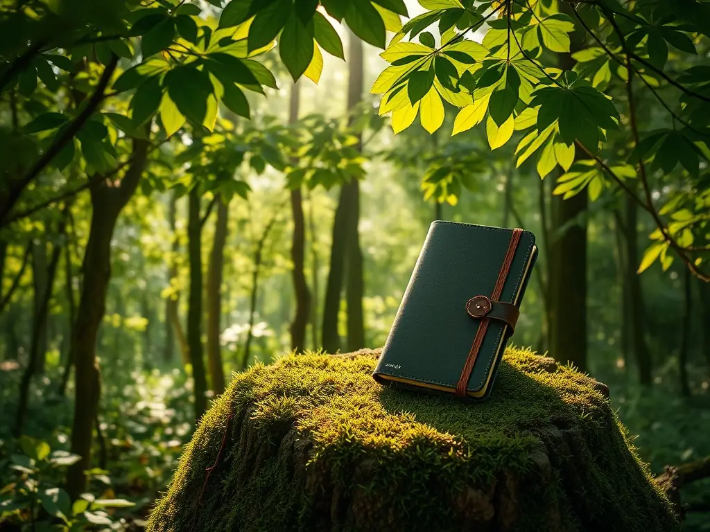 A DiaryNest journal on a moss-covered tree stump in a lush green forest.