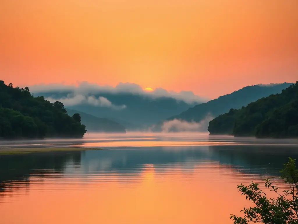 A serene landscape with a sunrise symbolizing positivity.