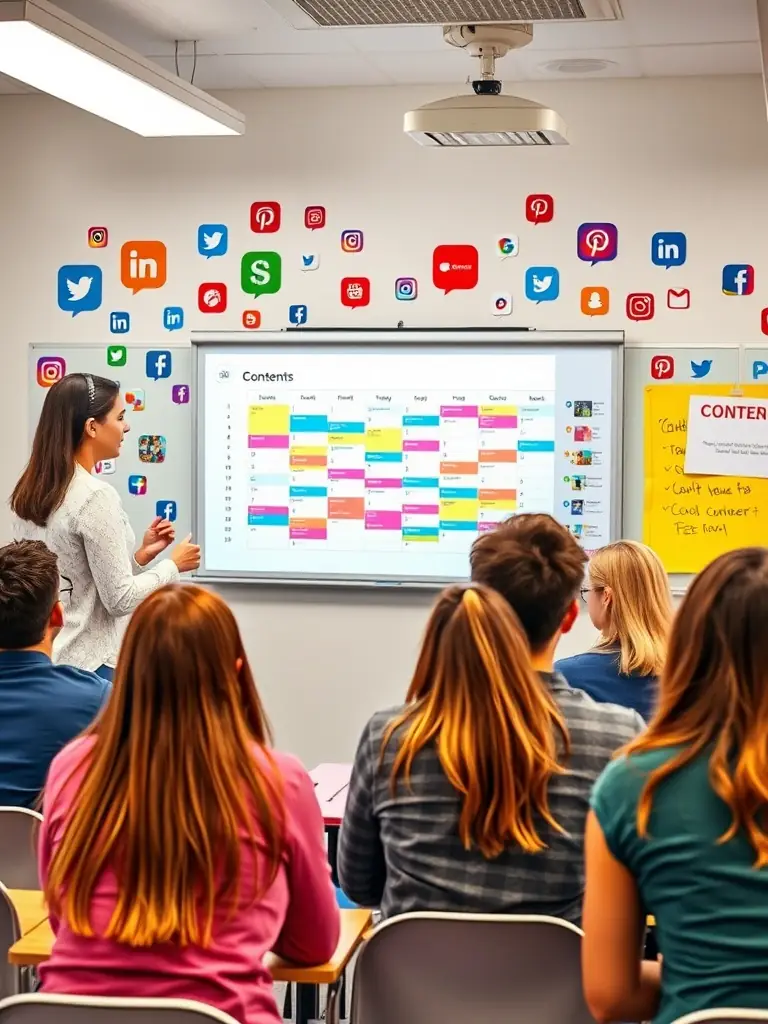 A social media strategist presenting a content calendar to students with social media icons in the background.