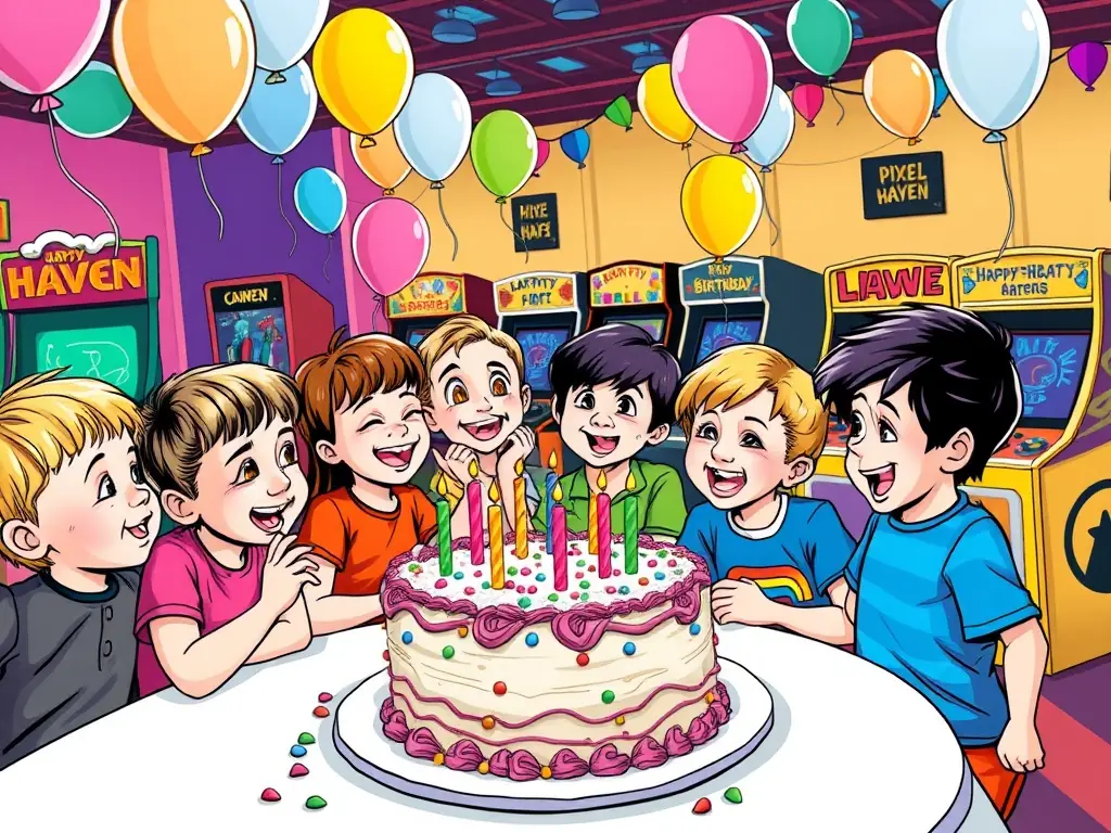 Children celebrating a birthday party at Pixel Haven.