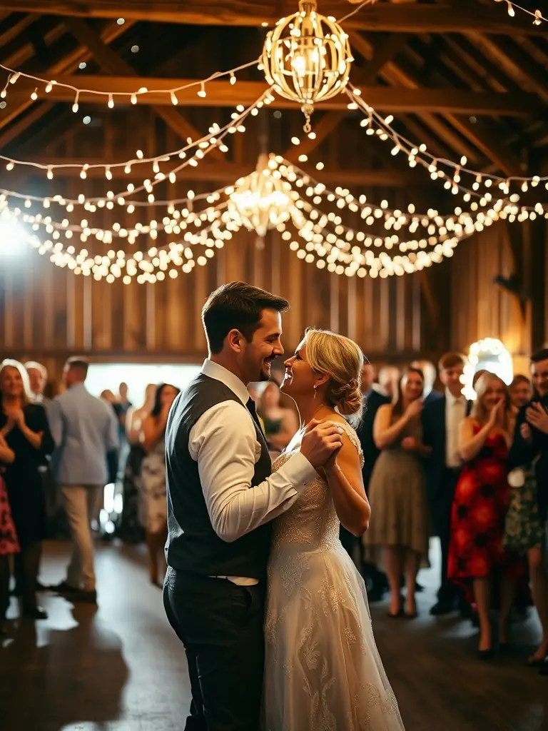 A couple dancing under fairy lights in a rustic barn.