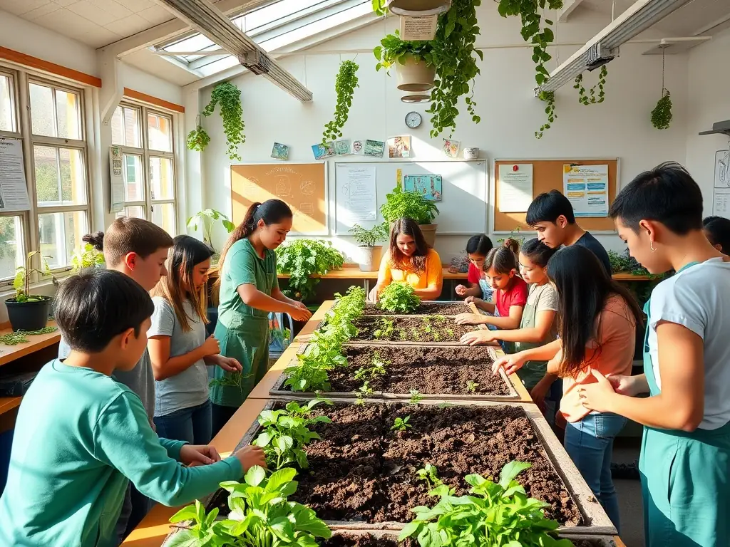 A classroom setting with students engaged in hands-on sustainable farming practices.