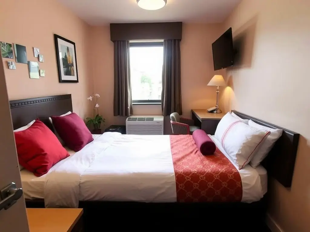 Cozy single room at RestEasy Inn with a comfortable bed and window view.