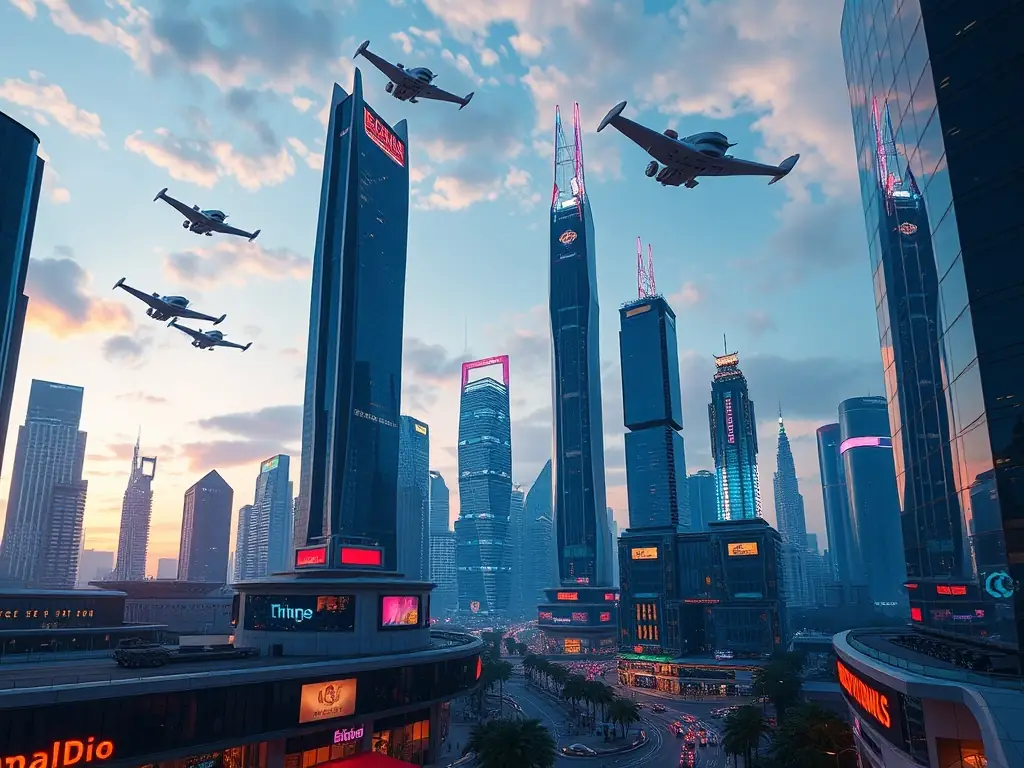 Futuristic cityscape with advanced architecture and vibrant lighting.