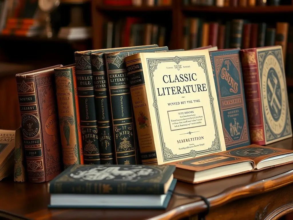 A display of classic literature books showcasing their vintage covers.