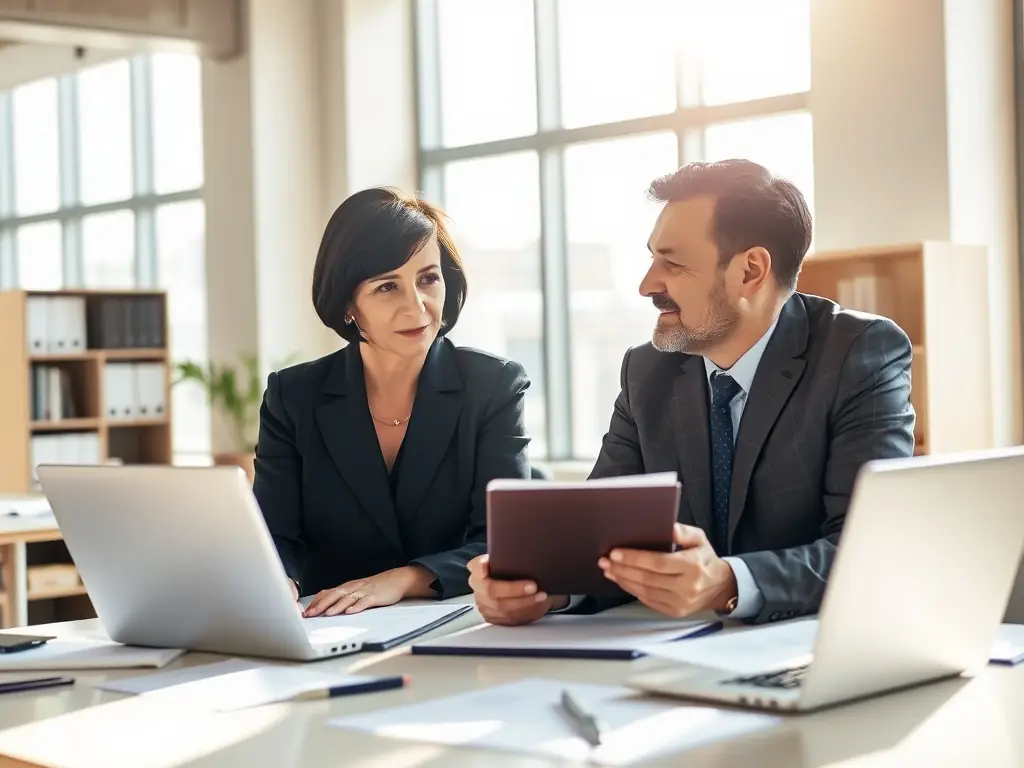 A compliance expert reviewing international trade regulations with a client in a modern office.