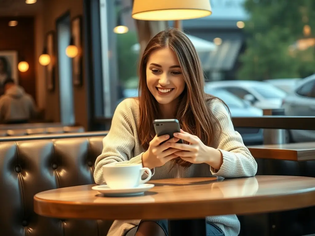 A young woman scheduling a driving lesson on her smartphone at a cafe.